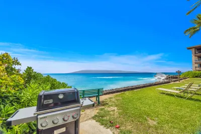 Gas grill on the oceanfront lawn