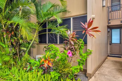 Walkway to the condo entrance, framed by tropical planting