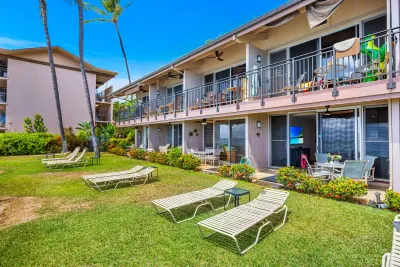 The lawn and loungers with the building behind