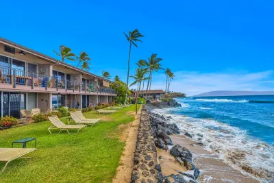 The lawn and shoreline below the building, palms overhead