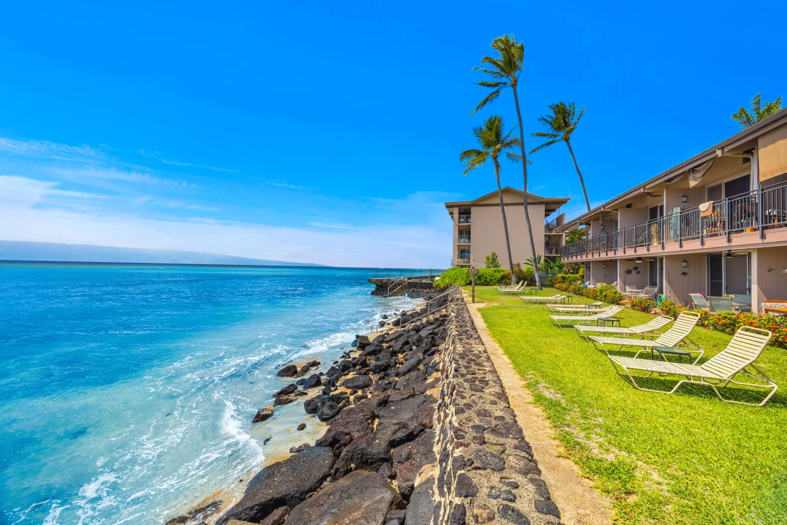 Loungers on the lawn above the rocky shoreline